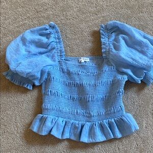 Blue Smocked Puff Sleeve Top
